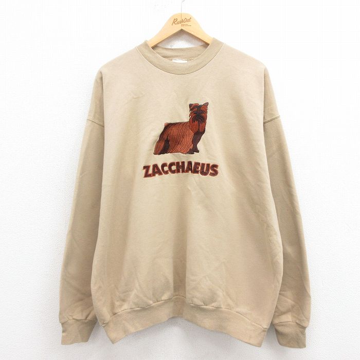 XL★古着 ヘインズ Hanes 長袖 スウェット メンズ 00年代 00s 犬 刺繍 大きいサイズ クルーネック ベージュ カーキ 25aug09 中古 スエット トレーナー トップス