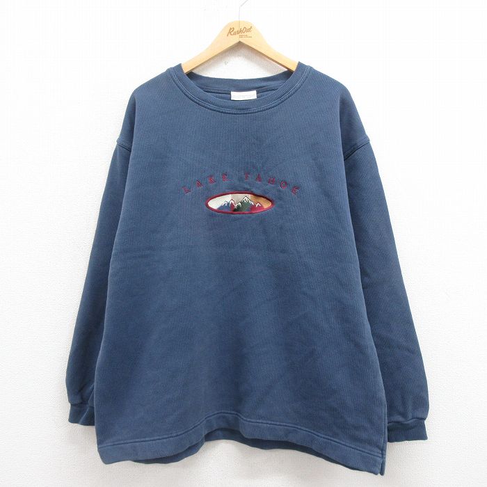 XL★古着 長袖 スウェット メンズ 90年代 90s タホ 刺繍 大きいサイズ クルーネック USA製 紺 ネイビー 25aug09 中古 スエット トレーナー トップス