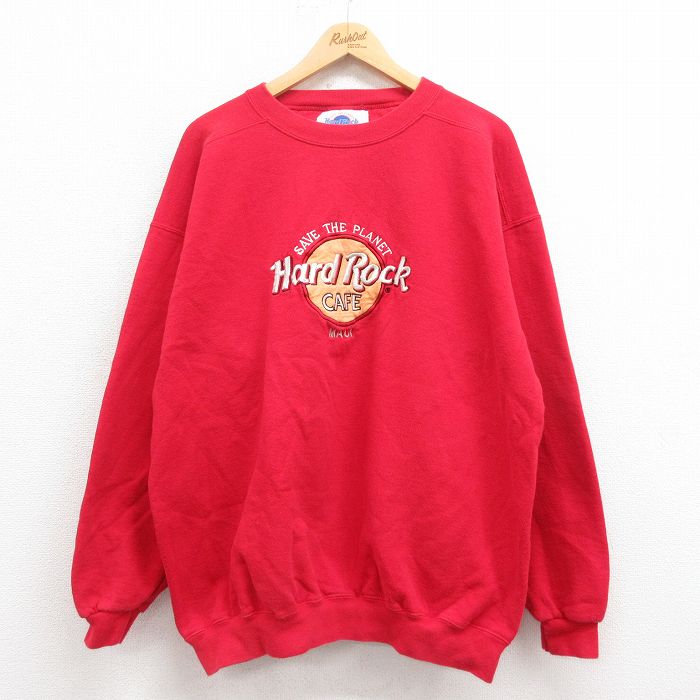 XL★古着 長袖 スウェット メンズ 90年代 90s ハードロックカフェ 刺繍 大きいサイズ クルーネック USA製 赤 レッド 25aug09 中古 スエット トレーナー トップス