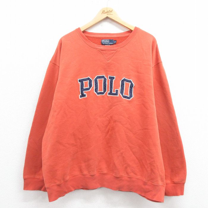 XL★古着 ラルフローレン Ralph Lauren 長袖 ブランド スウェット メンズ 90年代 90s ビッグロゴ 刺繍 大きいサイズ クルーネック オレンジ系 25aug21 中古 スエット トレーナー トップス