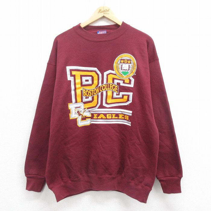 【20%OFF】L★古着 長袖 スウェット メンズ 90年代 90s ボストン カレッジ クルーネック USA製 エンジ 25aug21 中古 スエット トレーナー トップス