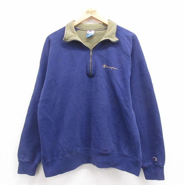 XL★古着 チャンピオン champion 長袖 ハーフジップ スウェット メンズ 90年代 90s ワンポイントロゴ USA製 紺 ネイビー 【spe】 25aug22 中古 スエット トレーナー トップス