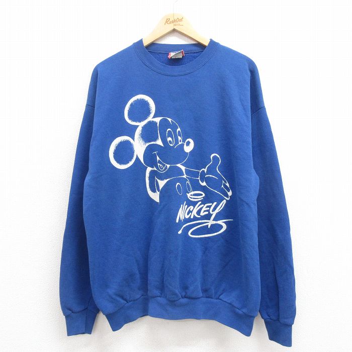 XL★古着 長袖 スウェット メンズ 90年代 90s ディズニー DISNEY ミッキー MICKEY MOUSE クルーネック USA製 青 ブルー 25aug22 中古 スエット トレーナー トップス