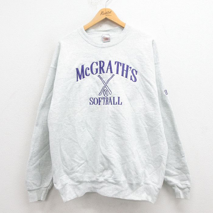 XL★古着 フルーツオブザルーム 長袖 スウェット メンズ 90年代 90s ソフトボール 刺繍 クルーネック USA製 グレー 霜降り 25aug23 中古 スエット トレーナー トップス