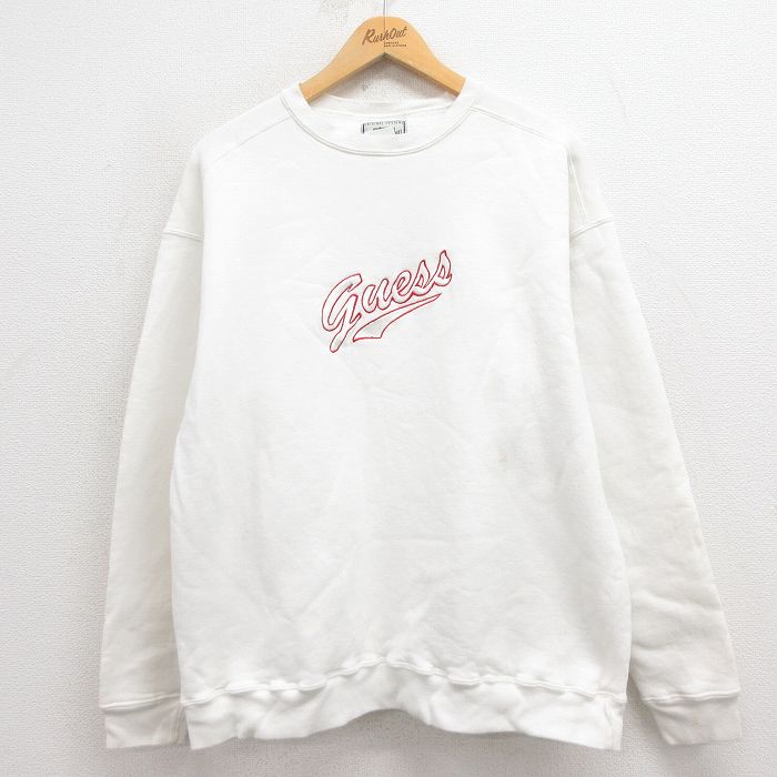 L★古着 ゲス GUESS 長袖 スウェット メンズ 90年代 90s ビッグロゴ 刺繍 クルーネック USA製 白 ホワイト 【spe】 25aug23 中古 スエット トレーナー トップス