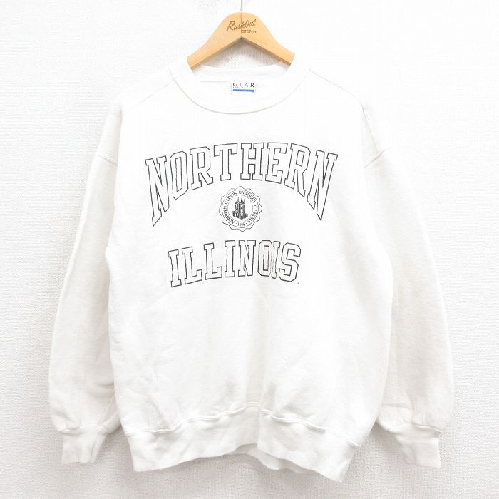 【50%OFF】L★古着 長袖 スウェット メンズ 90年代 90s イリノイ カレッジ クルーネック USA製 白 ホワイト 25aug23 中古 スエット トレーナー トップス