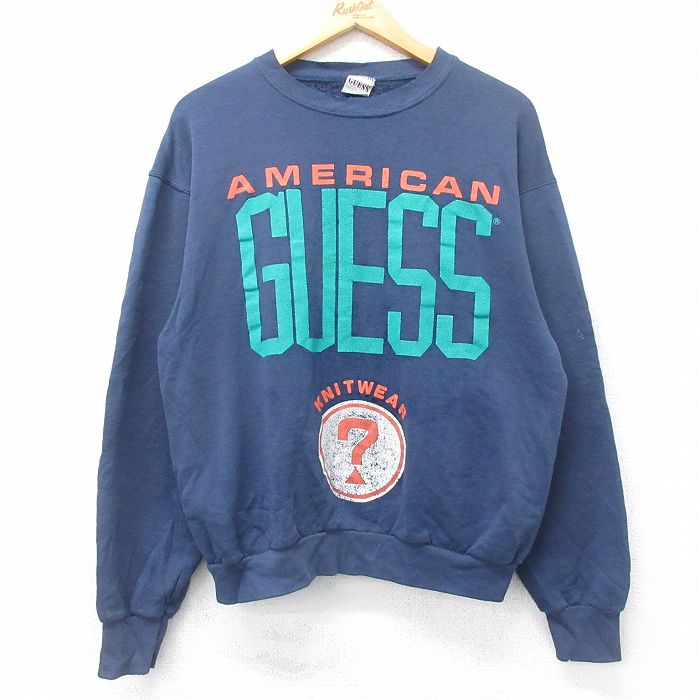 【50%OFF】M★古着 ゲス GUESS 長袖 スウェット メンズ 90年代 90s ビッグロゴ クルーネック USA製 紺 ネイビー 25aug27 中古 スエット トレーナー トップス