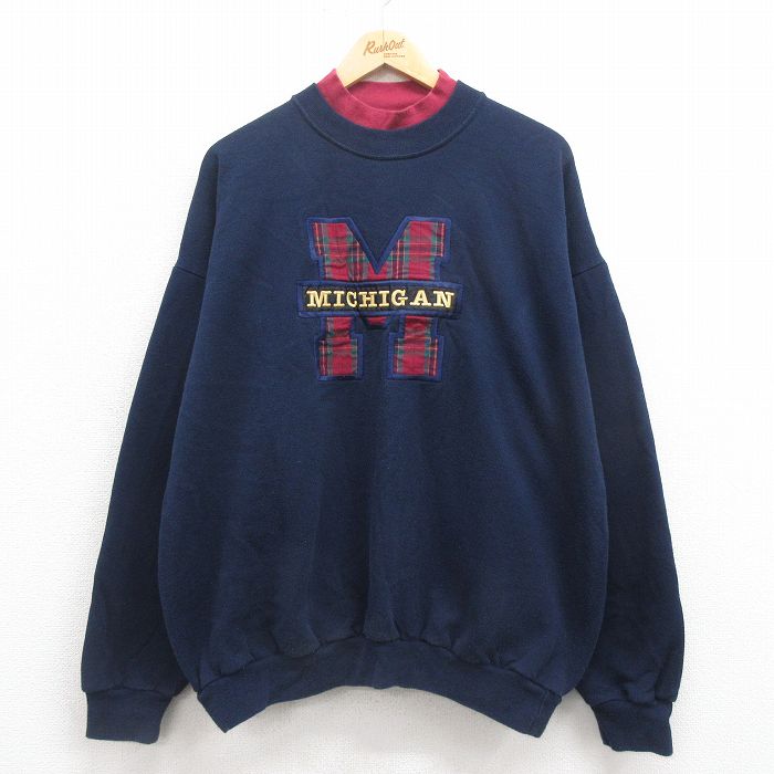 【20%OFF】XL★古着 長袖 スウェット メンズ 90年代 90s ミシガン 刺繍 大きいサイズ クルーネック USA製 紺 ネイビー 25aug27 中古 スエット トレーナー トップス