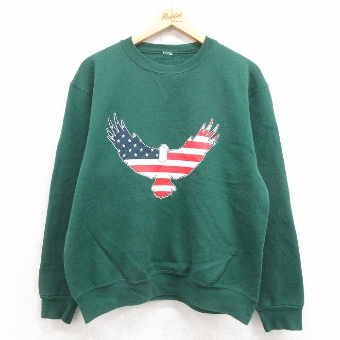 【20%OFF】L★古着 長袖 スウェット メンズ 00年代 00s 鳥 クルーネック 緑 グリーン 25aug29 中古 スエット トレーナー トップス