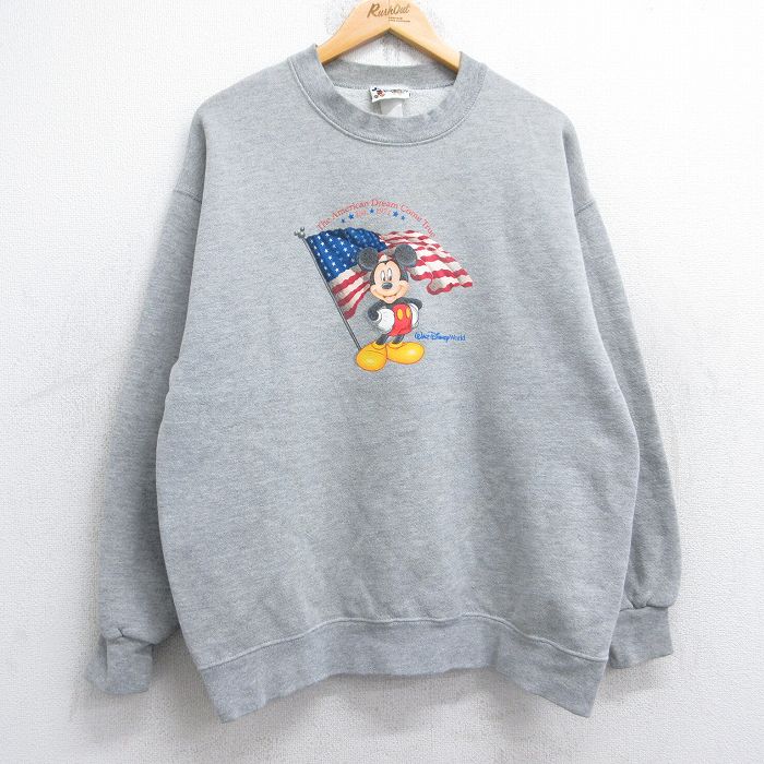 L★古着 長袖 スウェット メンズ 00年代 00s ディズニー DISNEY ミッキー MICKEY MOUSE クルーネック グレー 霜降り 25aug30 中古 スエット トレーナー トップス