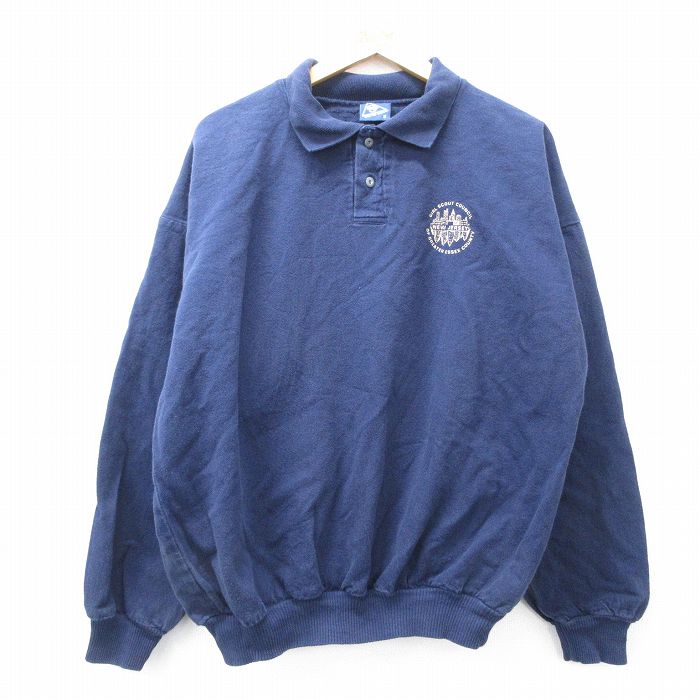 【20%OFF】XL★古着 WEK 長袖 トップス メンズ 90年代 90s ガールスカウト ニュージャージー 襟付き 大きいサイズ コットン USA製 紺 ネイビー 25sep01 中古 スエット トレーナー