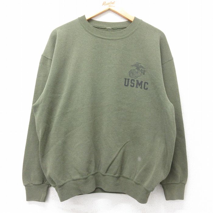 XL★古着 長袖 スウェット メンズ ミリタリー USMC クルーネック 濃緑 グリーン 25sep02 中古 スエット トレーナー トップス