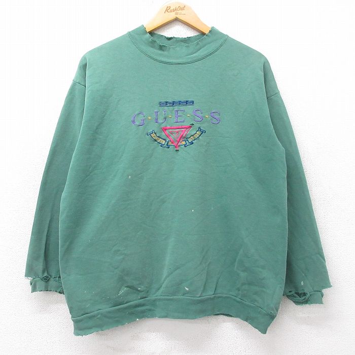 【50%OFF】ゲス 90s 長袖スウェット ビッグロゴ グリーン L | 古着