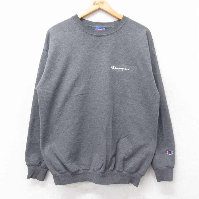 L★古着 チャンピオン champion 長袖 スウェット メンズ 00年代 00s ワンポイントロゴ クルーネック 濃グレー 霜降り 25sep03 中古 スエット トレーナー トップス