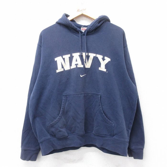 XL★古着 ナイキ NIKE 長袖 スウェット パーカー メンズ ビッグロゴ 刺繍 紺 ネイビー 25sep03 中古 スエット トレーナー トップス