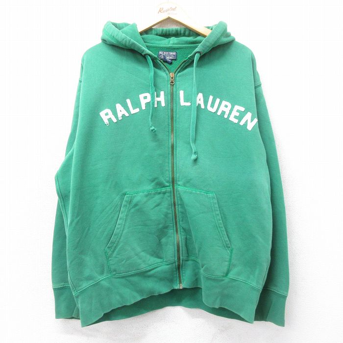 XL★古着 ラルフローレン Ralph Lauren ポロジーンズ 長袖 フルジップ スウェット パーカー メンズ ビッグロゴ 大きいサイズ 緑 グリーン 25sep03 中古 スエット トレーナー トップス
