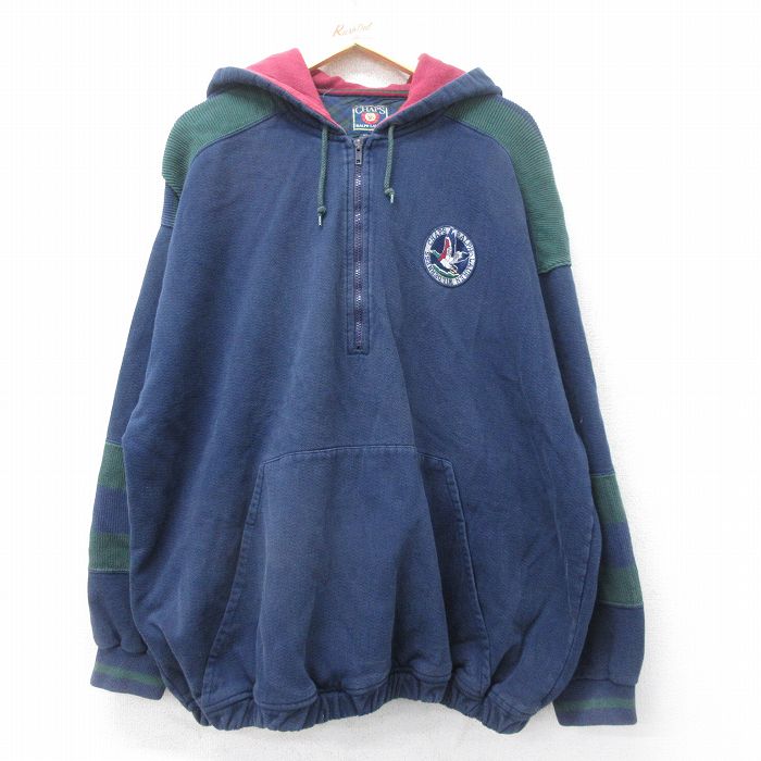 XL★古着 ラルフローレン Ralph Lauren チャップス 長袖 ブランド ハーフジップ スウェット パーカー メンズ 80年代 80s ワンポイントロゴ 大きいサイズ 紺他 ネイビー 【spe】 25sep03 中古 スエット トレーナー トップス
