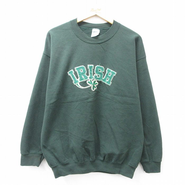 L★古着 長袖 スウェット メンズ 00年代 00s アイリッシュ クルーネック 緑 グリーン 25sep04 中古 スエット トレーナー トップス