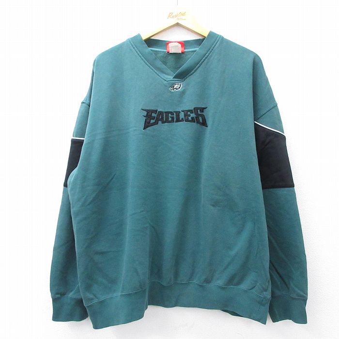 XL★古着 長袖 スウェット メンズ 00年代 00s NFL フィラデルフィアイーグルス 大きいサイズ Vネック 緑他 グリーン アメフト スーパーボウル 25sep04 中古 スエット トレーナー トップス