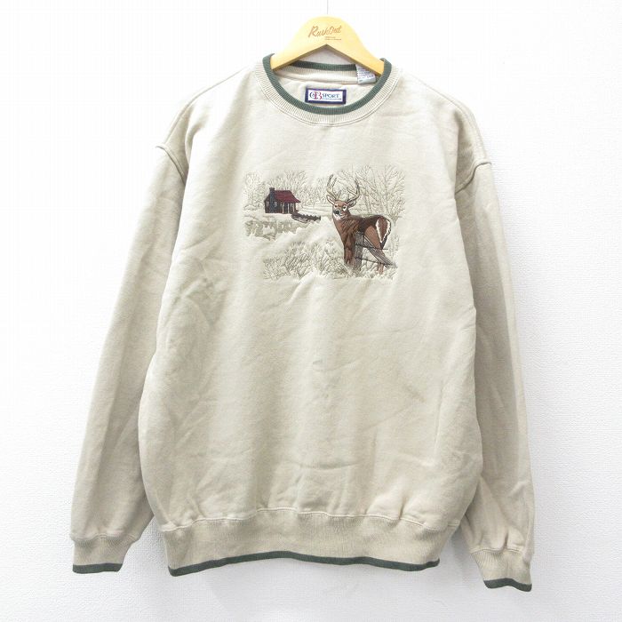 L★古着 長袖 スウェット メンズ 00年代 00s シカ 刺繍 クルーネック ベージュ カーキ 25sep04 中古 スエット トレーナー トップス