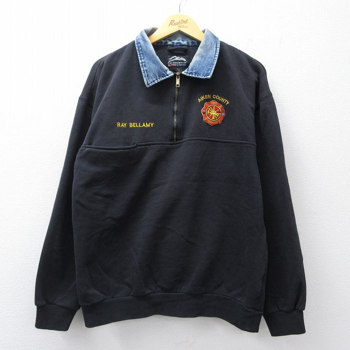 XL★古着 長袖 ハーフジップ スウェット メンズ 消防署 ヒジ当て 襟デニム 黒 ブラック 25sep04 中古 スエット トレーナー トップス
