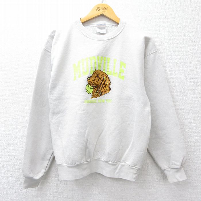 M★古着 ヘインズ Hanes 長袖 スウェット メンズ 00年代 00s 犬 マッドビル クルーネック 白系 ホワイト 25sep04 中古 スエット トレーナー トップス