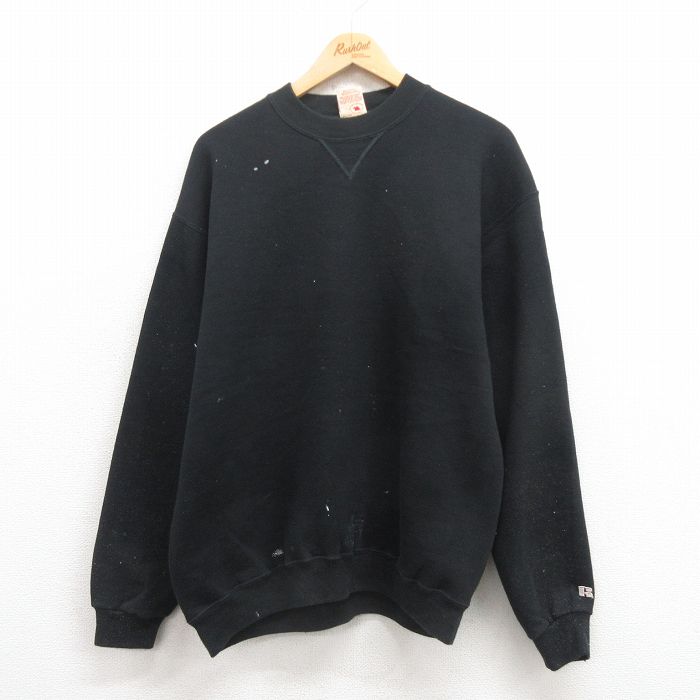 L★古着 ラッセル 長袖 スウェット メンズ 90年代 90s ワンポイントロゴ クルーネック USA製 黒 ブラック 【spe】 25sep04 中古 スエット トレーナー トップス
