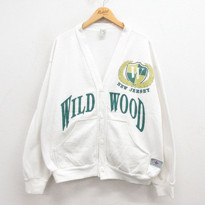 XL★古着 長袖 スウェット カーディガン メンズ 90年代 90s ニュージャージー 大きいサイズ コットン USA製 白 ホワイト 25sep04 中古 スエット トレーナー トップス