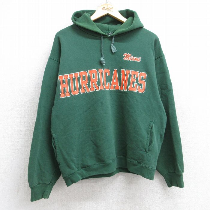 M★古着 長袖 スウェット パーカー メンズ 90年代 90s マイアミハリケーンズ USA製 緑 グリーン 25sep04 中古 スエット トレーナー トップス