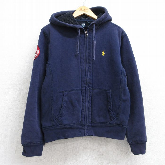 M★古着 ラルフローレン Ralph Lauren 長袖 ブランド スウェット フルジップ パーカー メンズ 90年代 90s ワンポイントロゴ 紺 ネイビー 内側ボア 【spe】 25sep04 中古 スエット トレーナー トップス