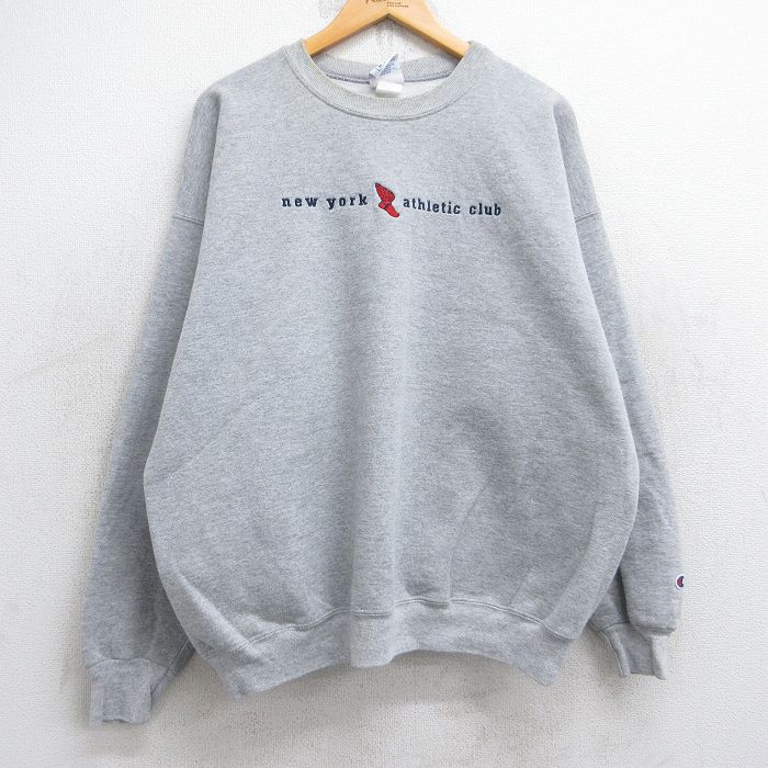 XL★古着 チャンピオン champion 長袖 スウェット メンズ 00年代 00s ウィングフット ニューヨーク 刺繍 大きいサイズ クルーネック グレー 霜降り 25sep04 中古 スエット トレーナー トップス