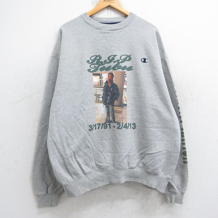 XL★古着 チャンピオン champion 長袖 スウェット メンズ 男性 ワンポイントロゴ 大きいサイズ クルーネック グレー 霜降り 25sep05 中古 スエット トレーナー トップス
