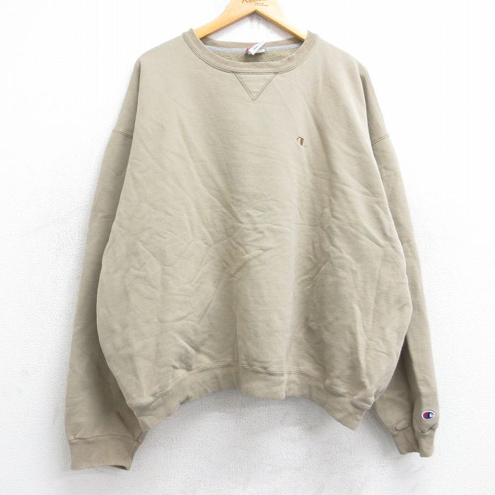 XL★古着 チャンピオン champion 長袖 スウェット メンズ 00年代 00s ワンポイントロゴ 大きいサイズ クルーネック ベージュ カーキ 25sep05 中古 スエット トレーナー トップス