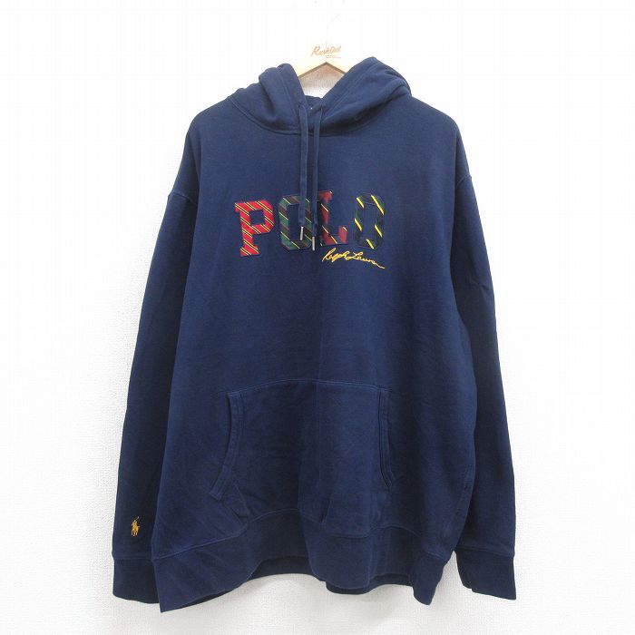 XL★古着 ラルフローレン Ralph Lauren 長袖 ブランド スウェット パーカー メンズ ビッグロゴ 刺繍 大きいサイズ 紺 ネイビー 25sep05 中古 スエット トレーナー トップス
