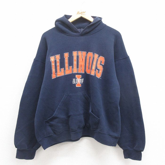 XL★古着 長袖 スウェット パーカー メンズ 90年代 90s イリノイ USA製 紺 ネイビー 25sep05 中古 スエット トレーナー トップス