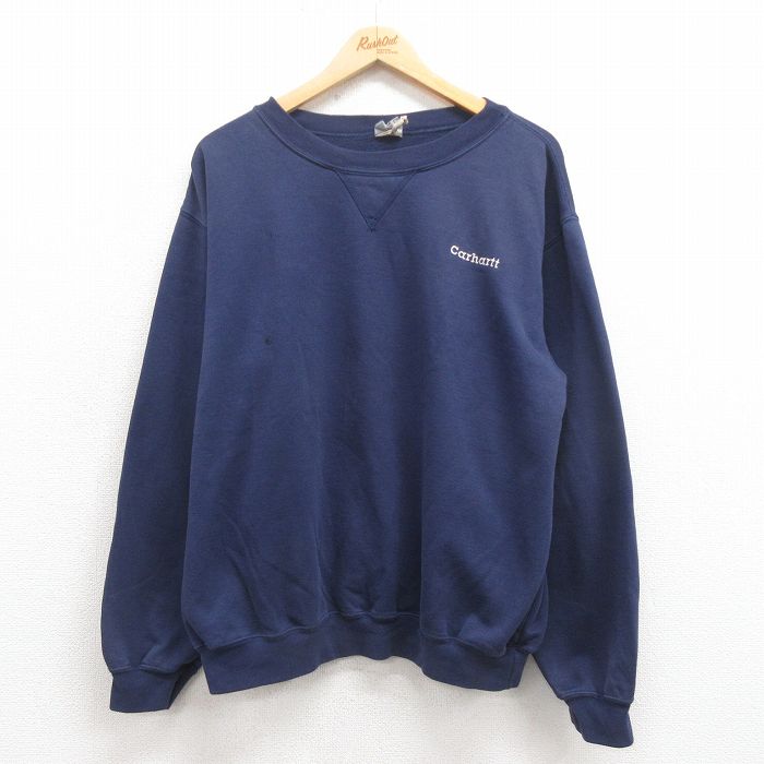 XL★古着 カーハート Carhartt 長袖 スウェット メンズ 00年代 00s ワンポイントロゴ クルーネック 紺 ネイビー 25sep05 中古 スエット トレーナー トップス