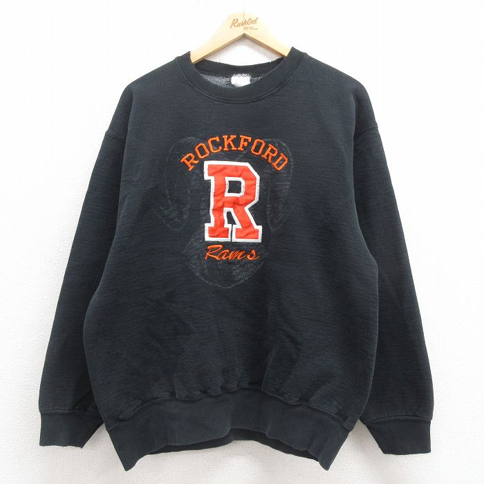 L★古着 長袖 スウェット メンズ 90年代 90s ロックフォード 刺繍 USA製 黒 ブラック 25sep05 中古 スエット トレーナー トップス