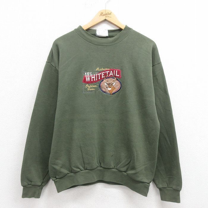 M★古着 長袖 スウェット メンズ 90年代 90s シカ 刺繍 USA製 緑 グリーン 25sep05 中古 スエット トレーナー トップス