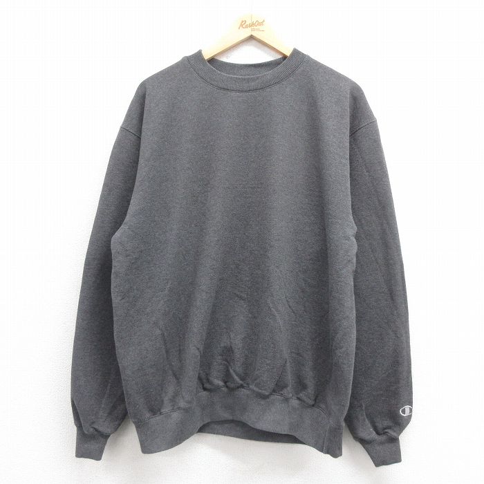 XL★古着 チャンピオン Champion 長袖 スウェット メンズ ワンポイントロゴ クルーネック 濃グレー 霜降り 25sep05 中古 スエット トレーナー トップス
