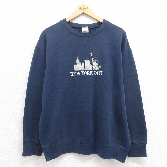 L★古着 フルーツオブザルーム 長袖 スウェット メンズ 00年代 00s ニューヨーク 刺繍 クルーネック 紺 ネイビー 25sep05 中古 スエット トレーナー トップス