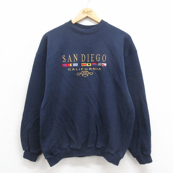 L★古着 TULTEX 長袖 スウェット メンズ 90年代 90s サンディエゴ 刺繍 クルーネック 紺 ネイビー 【spe】 25sep05 中古 スエット トレーナー トップス