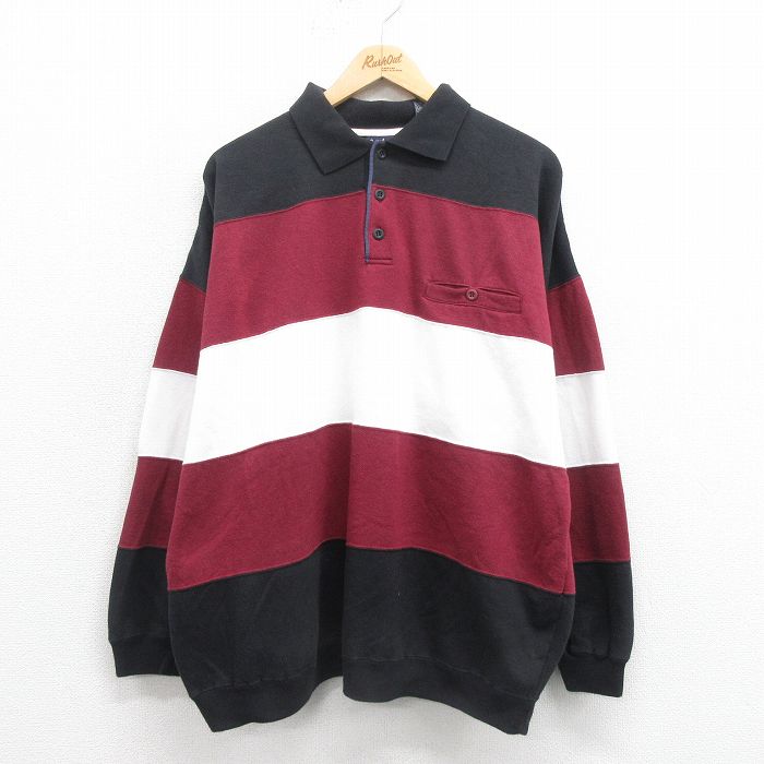 XL★古着 長袖 スウェット メンズ 90年代 90s 大きいサイズ 襟付き エンジ他 ボーダー 25sep06 中古 スエット トレーナー トップス