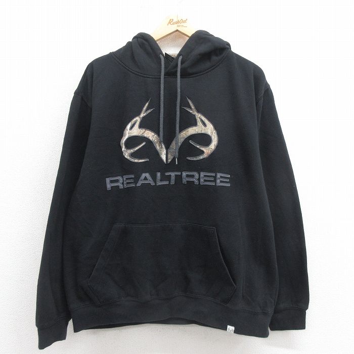 XL★古着 長袖 スウェット パーカー メンズ ビッグロゴ リアルツリー 黒 ブラック 25sep06 中古 スエット トレーナー トップス