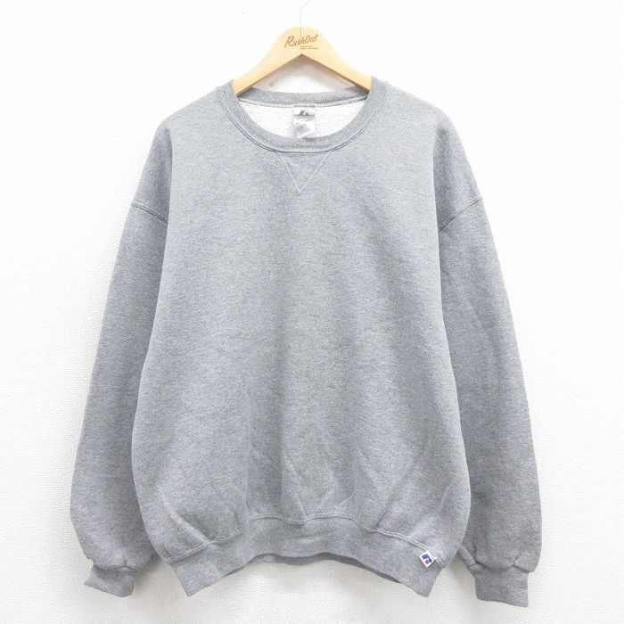 XL★古着 ラッセル 長袖 スウェット メンズ 無地 クルーネック グレー 霜降り 25sep06 中古 スエット トレーナー トップス
