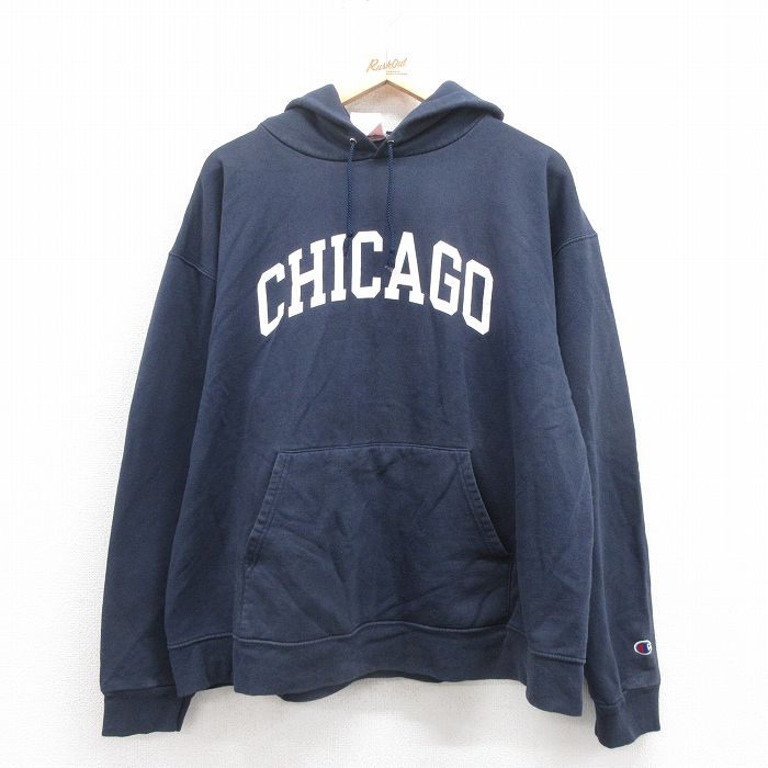 XL★古着 チャンピオン champion 長袖 スウェット パーカー メンズ 00年代 00s シカゴ 紺 ネイビー 25sep06 中古 スエット トレーナー トップス
