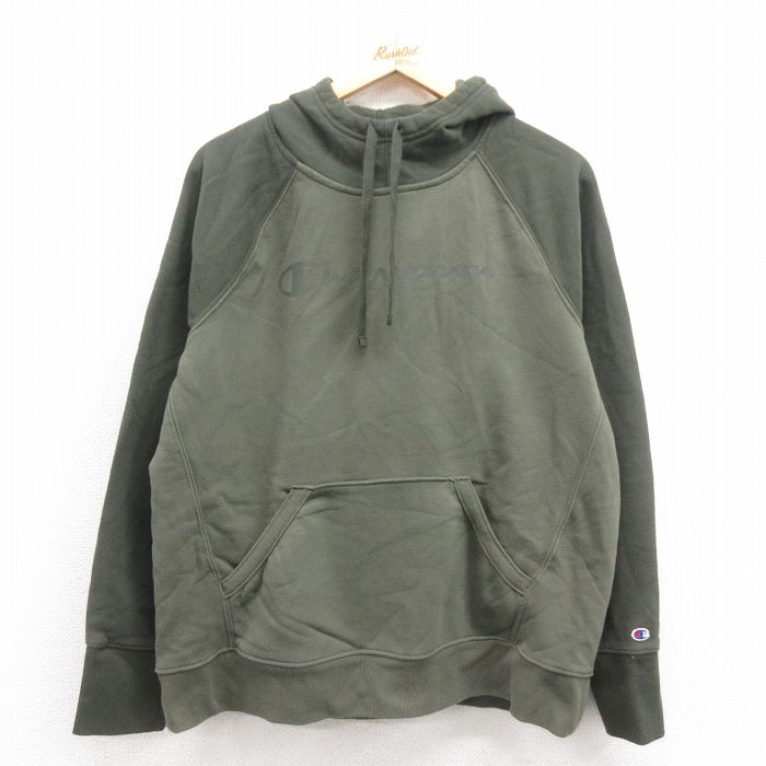 L★古着 チャンピオン champion 長袖 スウェット パーカー メンズ ビッグロゴ ツートンカラー ラグラン 緑他 グリーン 25sep06 中古 スエット トレーナー トップス