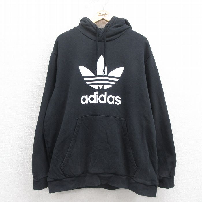 XL★古着 アディダス adidas 長袖 スウェット パーカー メンズ ビッグロゴ リーフ トレフォイル 黒 ブラック 25sep06 中古 スエット トレーナー トップス