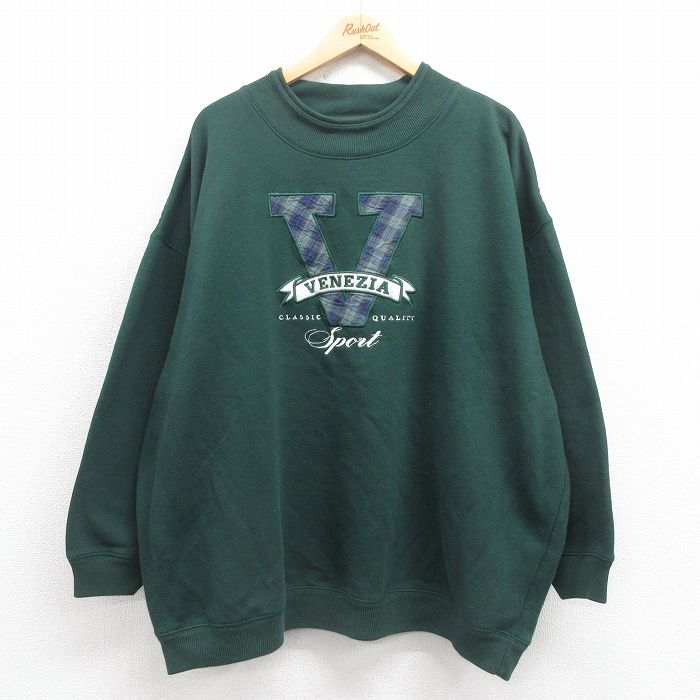 XL★古着 VENEZIA JEANS 長袖 スウェット メンズ 00年代 00s V 刺繍 大きいサイズ クルーネック 緑 グリーン 25sep06 中古 スエット トレーナー トップス