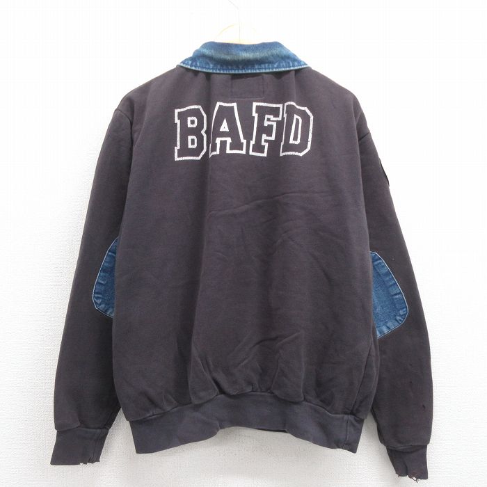 XL★古着 長袖 ハーフジップ スウェット メンズ 90年代 90s BAFD デニム使用 大きいサイズ USA製 黒 ブラック 25sep06 中古 スエット トレーナー トップス