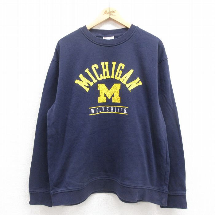 XL★古着 チャンピオン champion 長袖 スウェット メンズ ミシガン クルーネック 紺 ネイビー 25sep06 中古 スエット トレーナー トップス